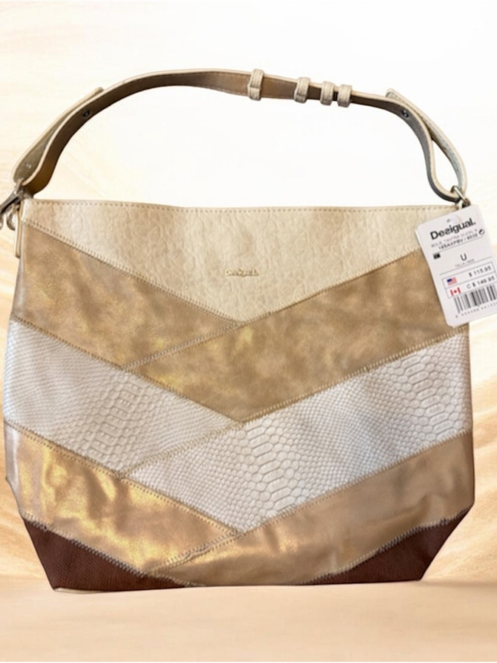 Desigual Chevron Panel Shoulder Bag in Gold, White and Brown